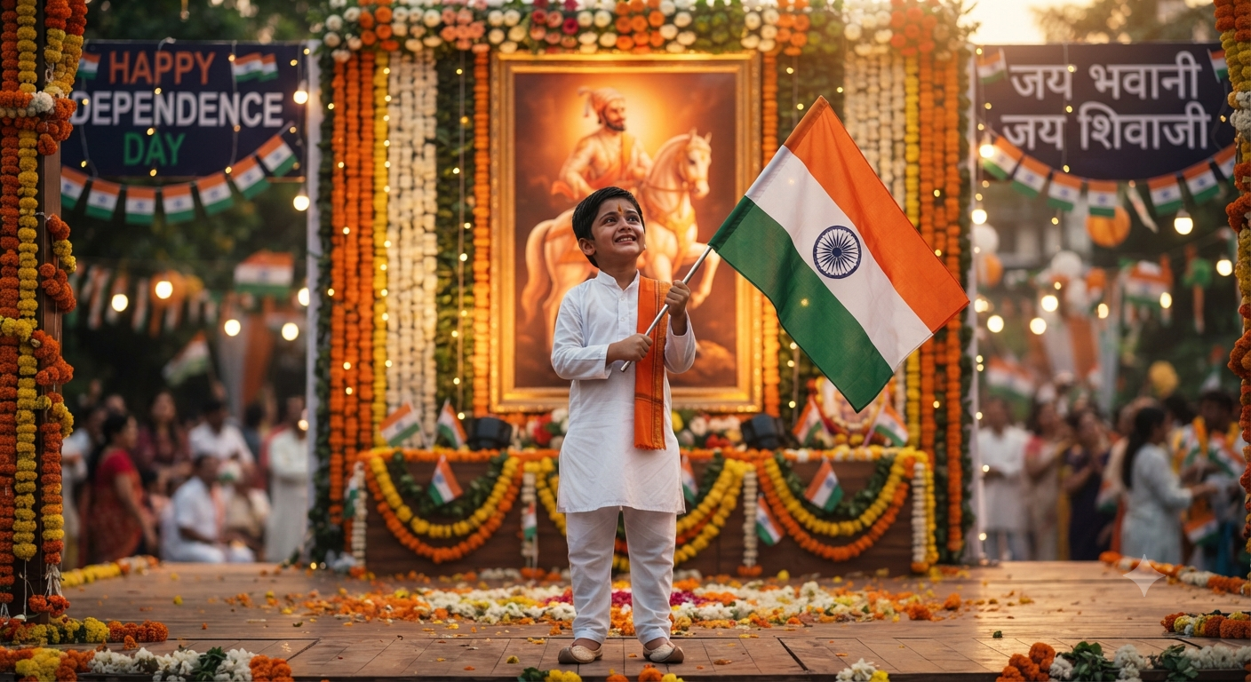 Chhatrapati Shivaji Maharaj, holding the Indian National Flag